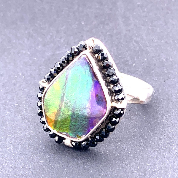 Ammolit Ring Silber 925 mit top multicolor Ammolit+ schwarze Spinelle Gr.56